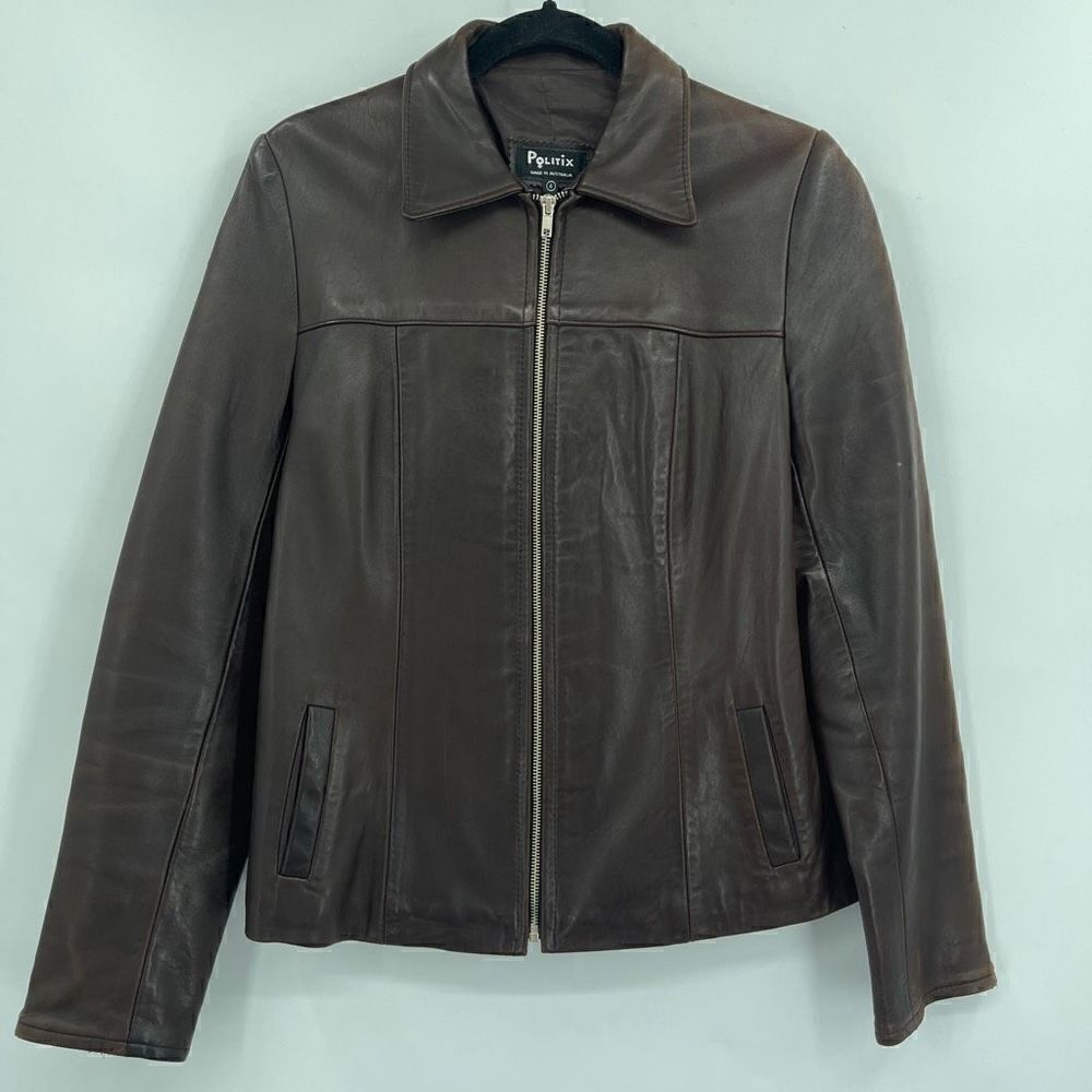 Politix Brown Collared Open Bottom Long Sleeve Zip Up Leather Jacket Size 4